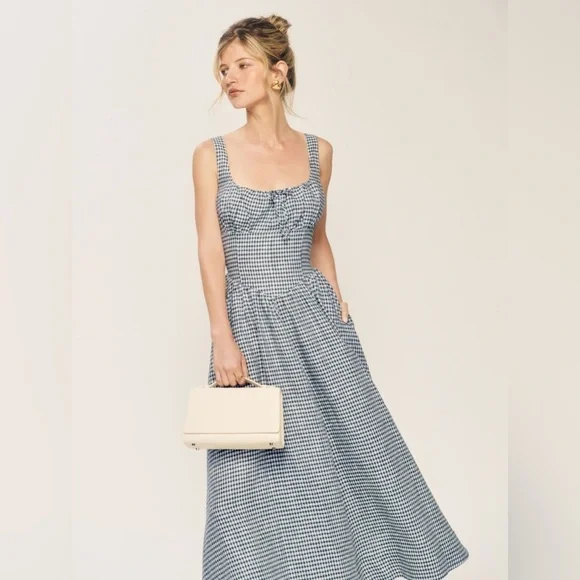 NEW Reformation Balia Midi Linen Dress in Slate Check Plaid Navy White | size 2 - Picture 4 of 16